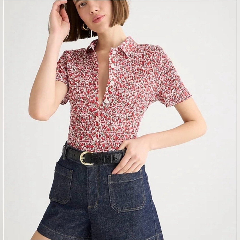 J. Crew x Liberty Eliza Red Smocked Button Up size Large